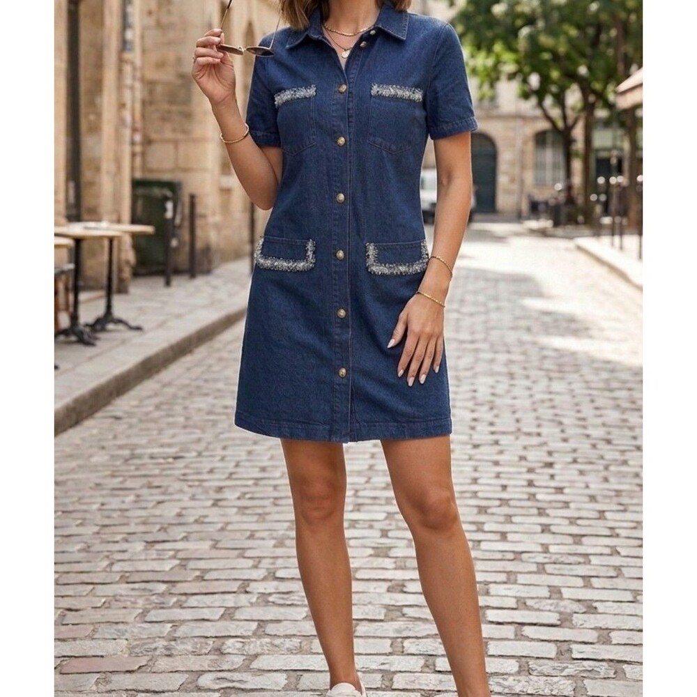 Avec Les Filles Indigo Denim
Shirt with Gold Buttons